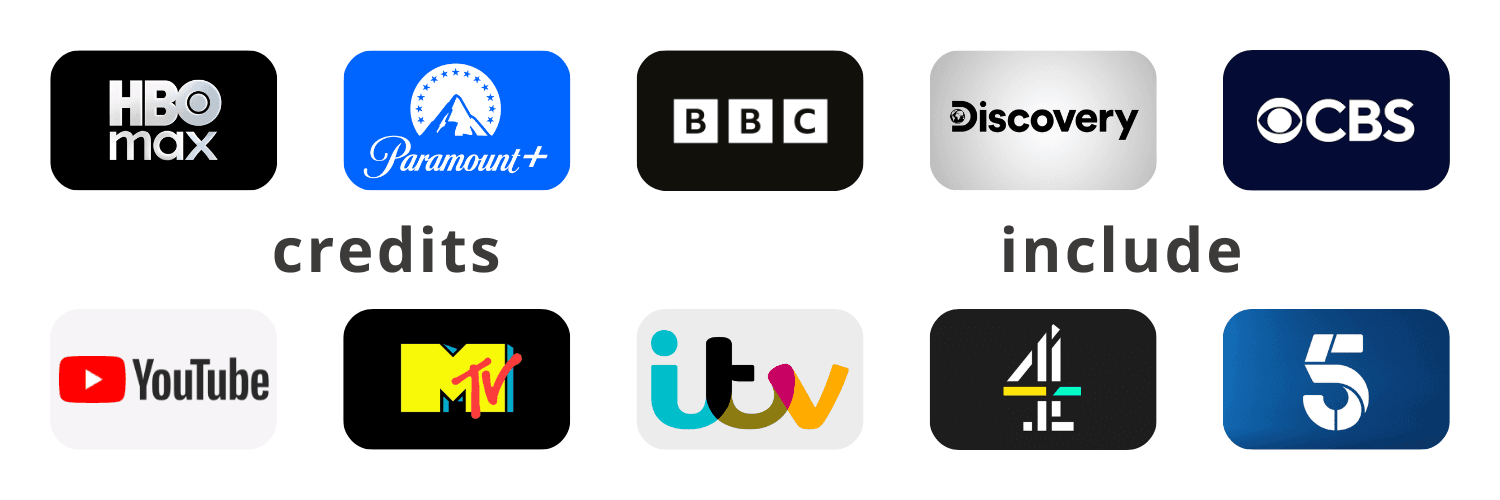 Credits include HBO Max, Paramount+, BBC, Discovery, CBS, YouTube, MTV, ITV, Channel 4, Channel 5